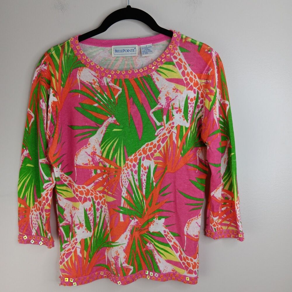 Bellepointe Sweater Women's Small Pink Sequin Classic Animal Print Vintage 90's